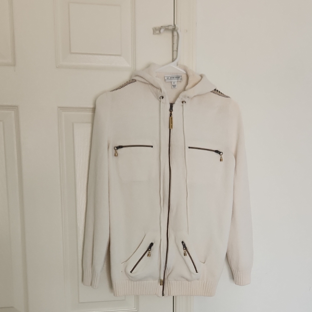 St John Sport Cream Wool Blend Zip Up Sweater With Hood Petite